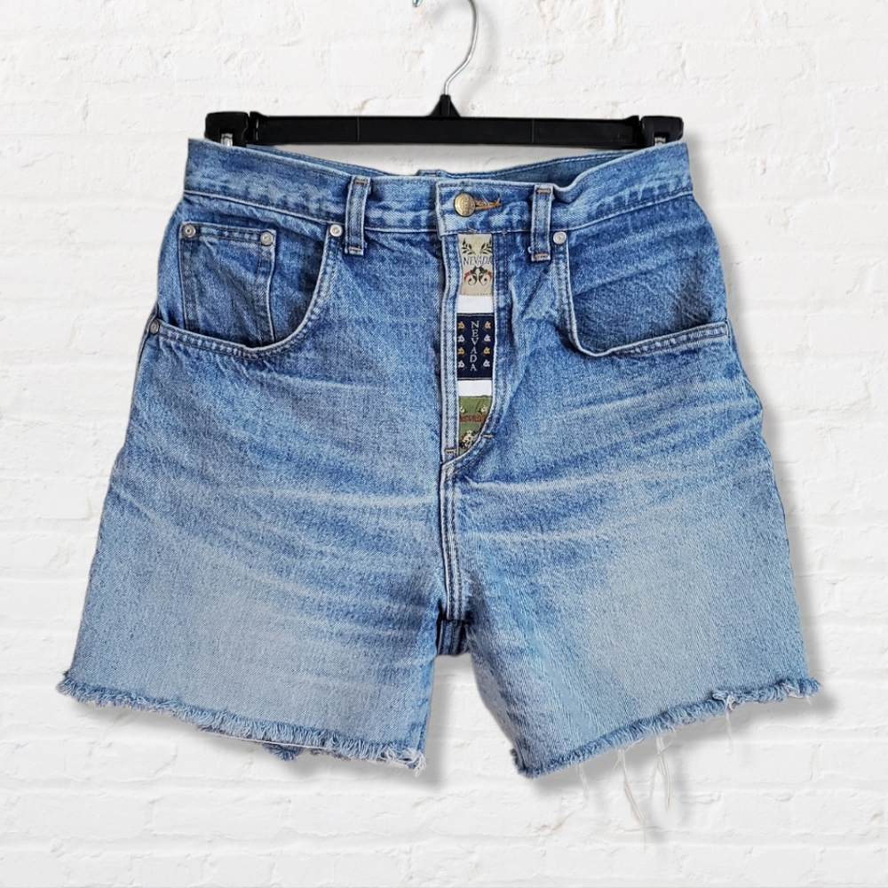 Vintage Nevado High Rise Patchwork Fly Cut Off Denim Raw Hem Shorts Size 30